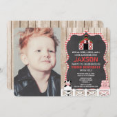 農業動物の誕生日の男の子の赤い黒の写真 招待状 (正面/裏面)