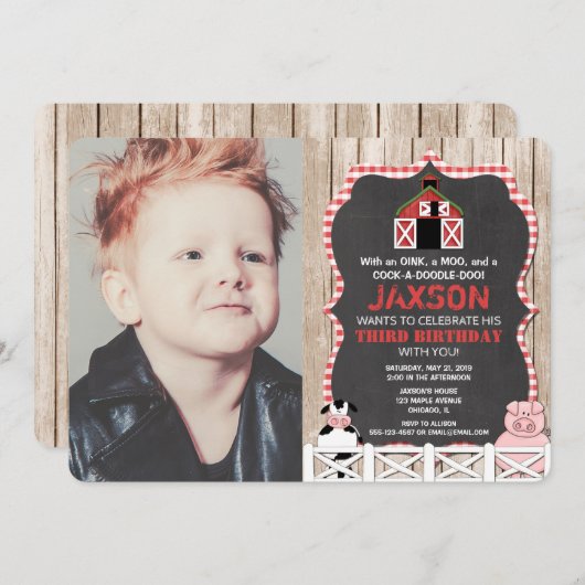 農業動物の誕生日の男の子の赤い黒の写真 招待状 (正面/裏面)