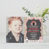 農業動物の誕生日の男の子の赤い黒の写真 招待状 (スタンド正面)