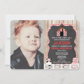 農業動物の誕生日の男の子の赤い黒の写真 招待状 (正面)