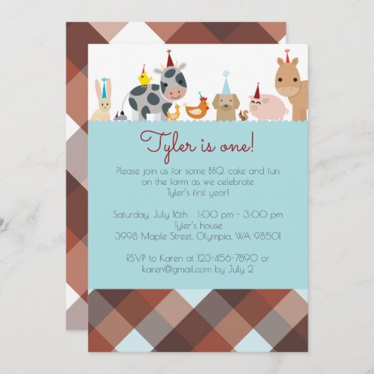 農業動物の誕生日パーティーの招待状 – Boy Color 招待状 (正面/裏面)