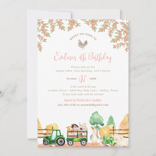 農業動物の誕生日パーティーの招待 招待状 (正面)