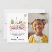 農業動物の誕生日パーティーピンクチェックガール写真 サンキューカード (正面)