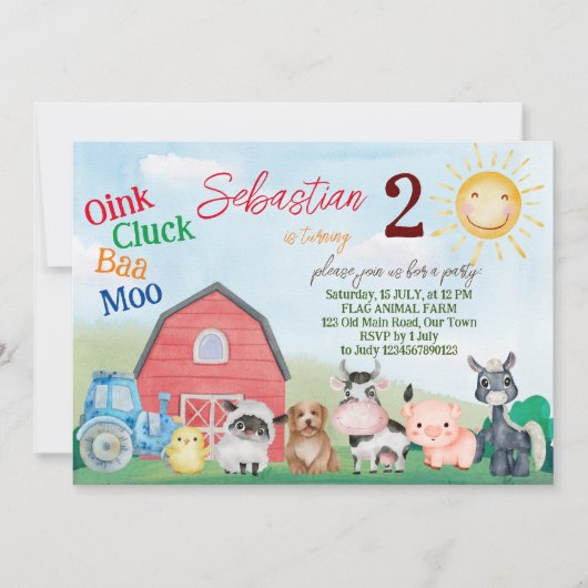 農業動物の誕生日パーティー招待状テンプレート 招待状 (正面)