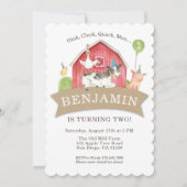 農業動物の誕生日パーティー赤いチェックボーイまたは女の子 招待状 (正面)