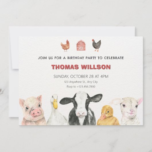 農業動物の誕生日 招待状 (正面)