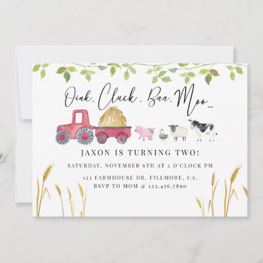 農業動物の誕生日，納屋周囲の庭パーティー，農場， 招待状 (正面)