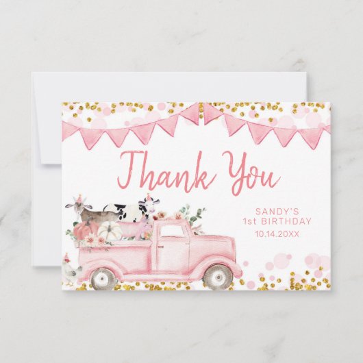 農業動物カボチャのピンクトラックドライブ誕生日 サンキューカード (正面)