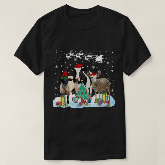 農業動物クリスマスツリー羊の牛ヤギのトナカイ Tシャツ (デザイン正面)