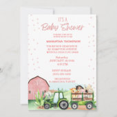 農業動物グリーントラクターピンク赤ちゃんシャワー 招待状 (正面)