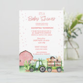 農業動物グリーントラクターピンク赤ちゃんシャワー 招待状 (スタンド正面)