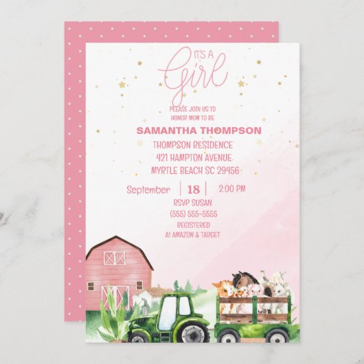 農業動物グリーントラクターピンク赤ちゃんシャワー 招待状 (正面/裏面)