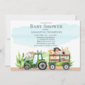 農業動物グリーントラクターボーイズベビーシャワー 招待状 (正面)