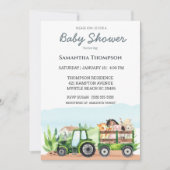 農業動物グリーントラクターボーイズベビーシャワー 招待状 (正面)