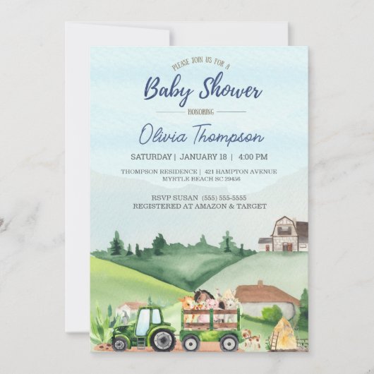 農業動物グリーントラクターボーイズベビーシャワー 招待状 (正面)