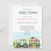 農業動物グリーントラクター女の子ベビーシャワー 招待状 (正面)