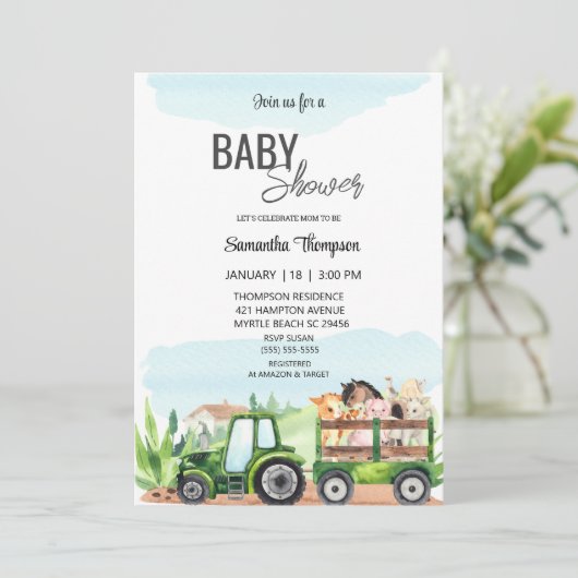 農業動物グリーントラクター赤ちゃんシャワー 招待状 (スタンド正面)