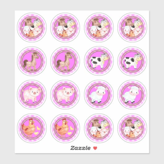 農業動物セット納屋周囲の庭ギンガムライトピンク シール (シート)