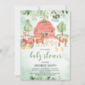 農業動物テーマ緑葉の男の子赤のシャワー 招待状 (正面)