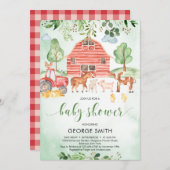 農業動物テーマ緑葉の男の子赤のシャワー 招待状 (正面/裏面)