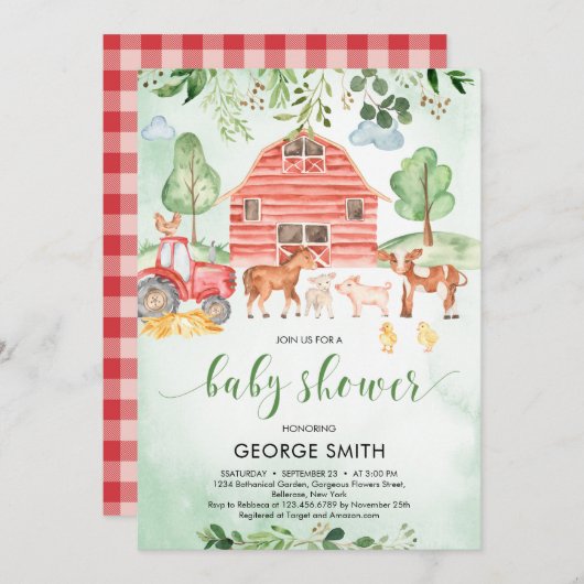 農業動物テーマ緑葉の男の子赤のシャワー 招待状 (正面/裏面)
