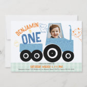 農業動物デニムトラクターかわいい写真1歳の誕生日 招待状 (正面)