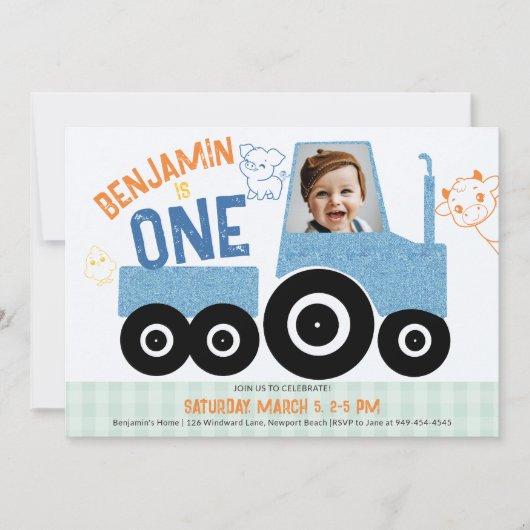 農業動物デニムトラクターかわいい写真1歳の誕生日 招待状 (正面)