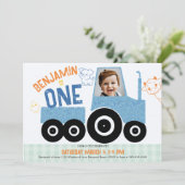 農業動物デニムトラクターかわいい写真1歳の誕生日 招待状 (スタンド正面)