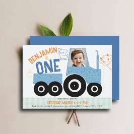 農業動物デニムトラクターかわいい写真1歳の誕生日 招待状