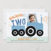 農業動物デニムトラクターかわいい写真2nd誕生日 招待状 (正面)