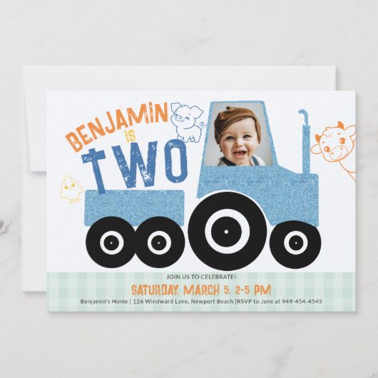 農業動物デニムトラクターかわいい写真2nd誕生日 招待状 (正面)