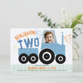 農業動物デニムトラクターかわいい写真2nd誕生日 招待状 (スタンド正面)