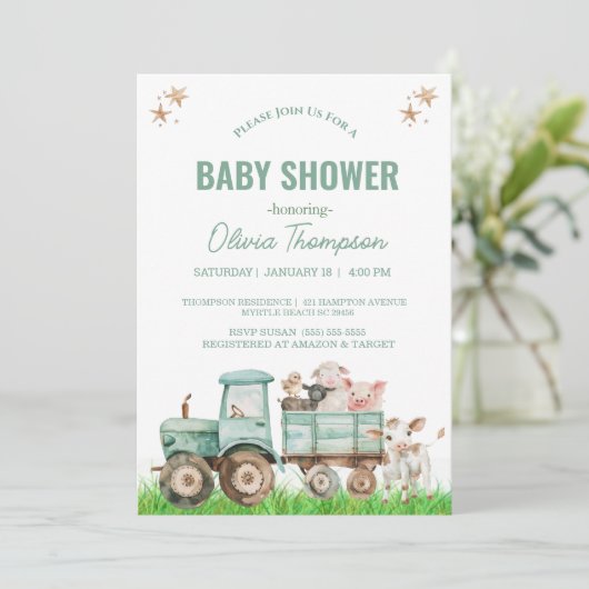 農業動物トラクターベビッ男女兼用ブシャワー 招待状 (スタンド正面)