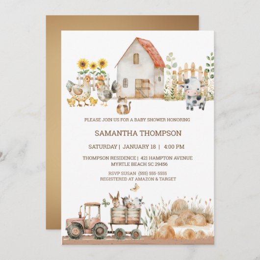 農業動物トラクターボーイズ赤ちゃんシャワー 招待状 (正面/裏面)