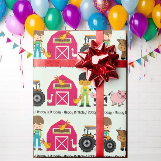 農業動物トラクター子供の名前の年齢を追加 ラッピングペーパー