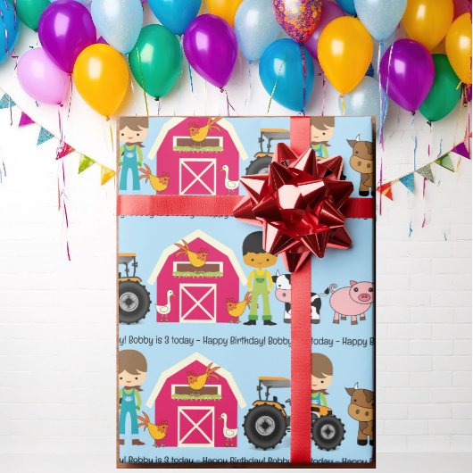 農業動物トラクター子供の名前の年齢を追加 ラッピングペーパー