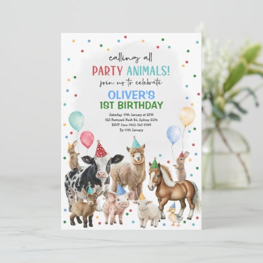 農業動物バルーン納屋周囲の庭ボーイズ誕生日パーティー 招待状 (スタンド正面)