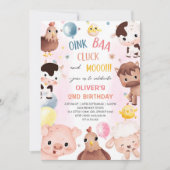 農業動物バルーン納屋周囲の庭誕生日パーティー 招待状 (正面)