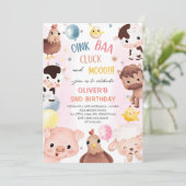 農業動物バルーン納屋周囲の庭誕生日パーティー 招待状 (スタンド正面)