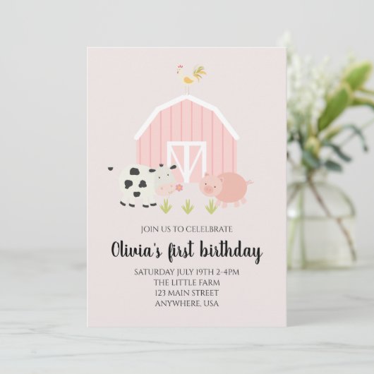 農業動物ピンクの納屋の誕生日 招待状 (スタンド正面)