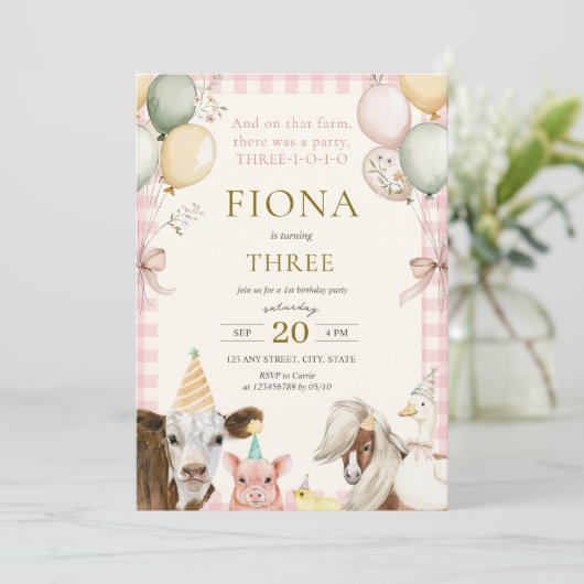 農業動物ピンクジンガム少女の3歳の誕生日 招待状 (スタンド正面)