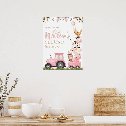 農業動物ピンク納屋周囲の庭誕生日歓迎ポスター ポスター (キッチン)