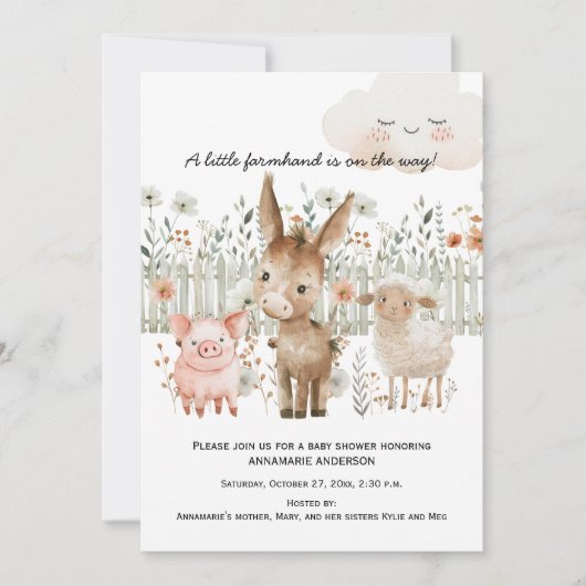 農業動物ファームシーン赤男女兼用ちゃんシャワー 招待状 (正面)