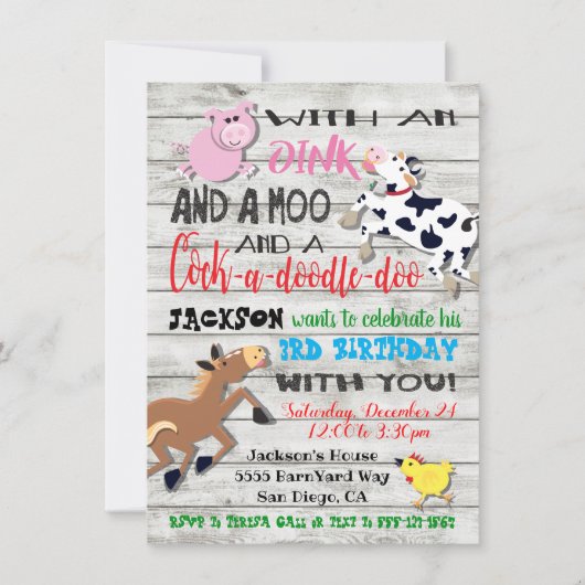 農業動物フォトバースデーパーティーへの招待 招待状 (正面)