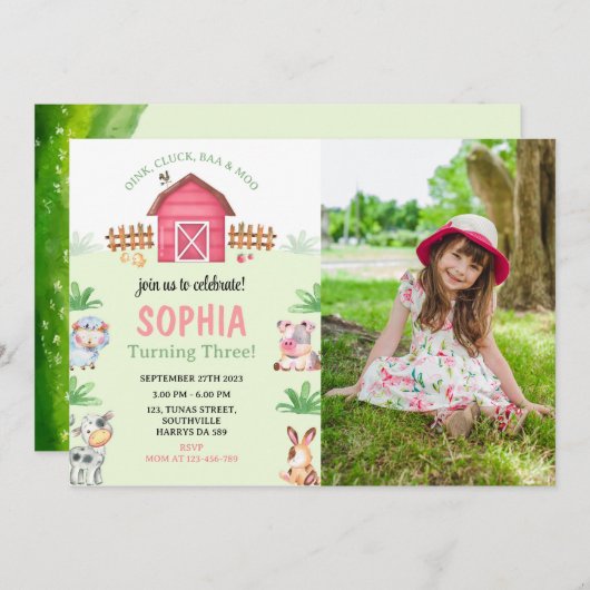 農業動物フォトバースデーパーティー 招待状 (正面/裏面)