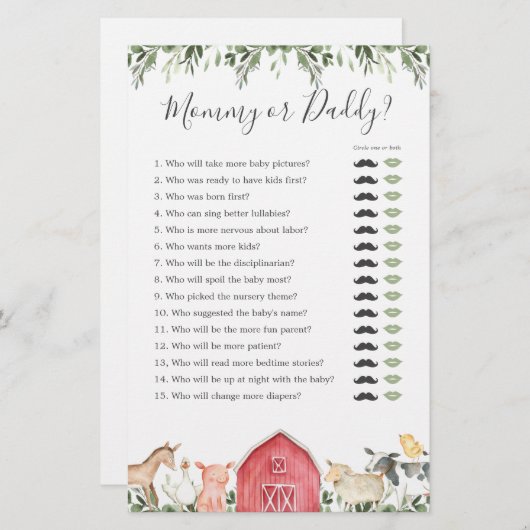 農業動物ベビーシャワーママまたはパパのゲーム (正面/裏面)