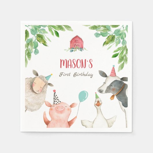 農業動物園少年誕生日納屋周囲の庭緑 スタンダードカクテルナプキン (正面)