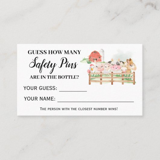 農業動物安全ピンの数ベビーゲームカード プレイスカード (正面)