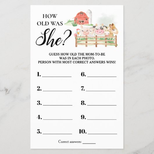 農業動物彼女の赤ちゃんシャワーカードの年齢 チラシ (正面)