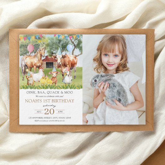 農業動物水彩誕生日パーティー写真 招待状